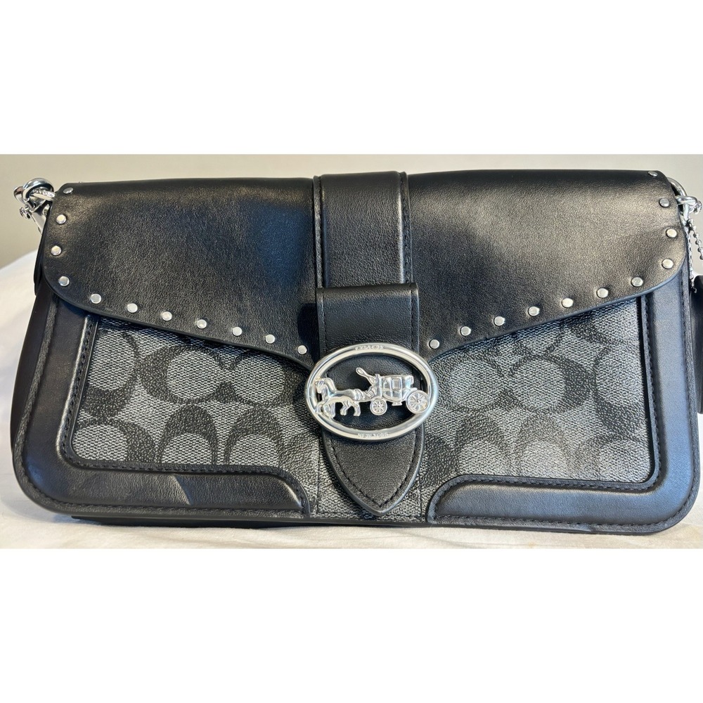 Black Coach Georgie Woman's Leather Signature Shoulder Bag W/ Silver Accents - Picture 2 of 16